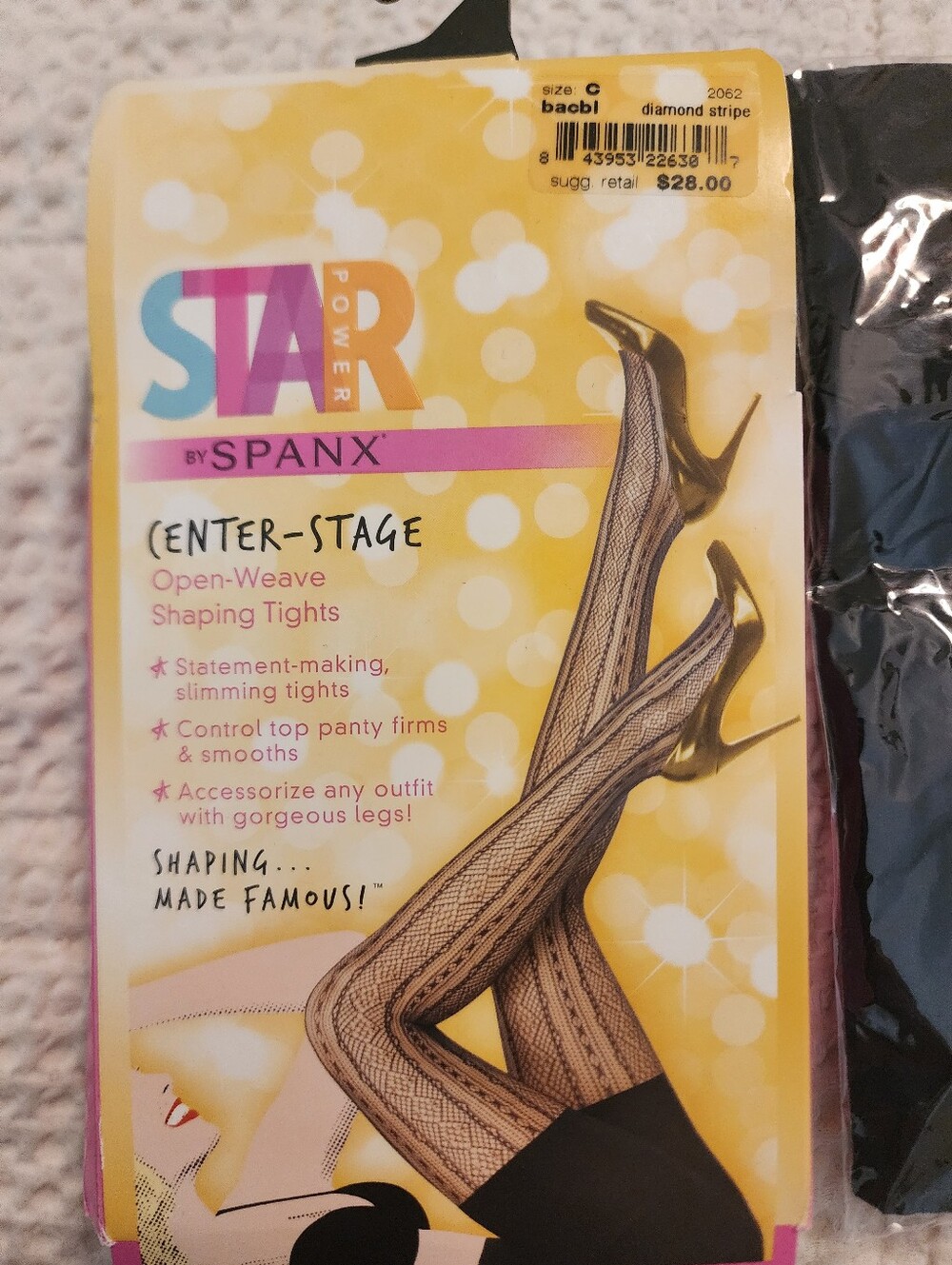 SPANX Star Power Open Weave Black Shaping Tights Diamond Stripe 140-180 Lbs
